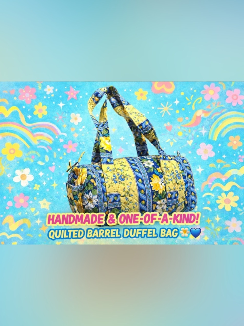 Handmade Quilted Barrel Duffel Bag Blue Yellow Floral